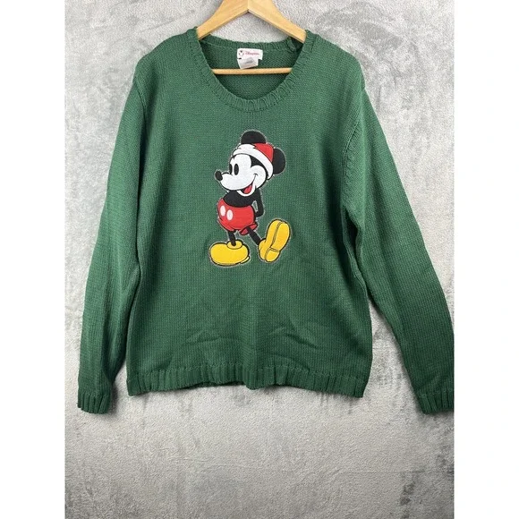 The Disney Store Mickey Mouse Crewneck Knit Sweater XL Green Applique Unisex - Picture 2 of 6